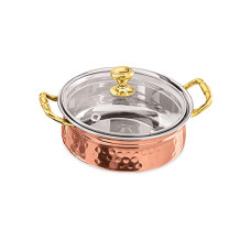 Deals, Discounts & Offers on Cookware - Attro Royal Stainless Steel Copper (Costeel) Traditional Hammered Finish Small Size Serving Handi/Bowl/Casserole with Toughened Glass Lid, Brass Knob & Handles, Capacity 300 ml, 1 Pieces