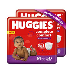 Deals, Discounts & Offers on Baby Care - Huggies Complete Comfort Wonder Pants, Medium (7-12kg) Size Count 100 Baby Diaper Pants Combo Pack of 2, 50 count Per Pack, 100 count, with 5 in 1 Comfort