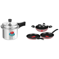 Deals, Discounts & Offers on Cookware - Pigeon Basics Non Stick Aluminium Non Induction Base Cookware Set, Including Dosa Tawa, Kadai with Glass Lid, and Frying Pan & Aluminium Pressure Cooker 3 Litre Non Induction Base Outer Lid (Silver)