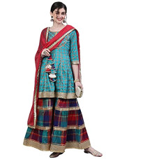 Deals, Discounts & Offers on Women - ishin Women's Viscose Rayon Embroidered Gotta Patti Blue Checked Print A-Line Kurta suit set With Dupatta & Sharara