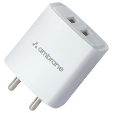 Deals, Discounts & Offers on Mobile Accessories - Ambrane 15W Dual Port Mobile Charger, Dual USB Port, Compatible with iPhone, iPad, Samsung Galaxy, Note, Redmi, Mi, Oneplus, Oppo, Vivo Smartphones, Made in India, Compact & Durable (RAAP S21, White)