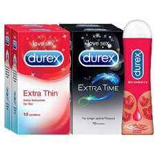 Deals, Discounts & Offers on Sexual Welness - Durex Pleasure Packs (Condoms - 10 Count (Pack of 2, Extra Thin), Condoms - 10 Count (Pack of 2, Extra Time), Pleasure Gel - 50 ml (Strawberry))