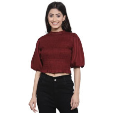Deals, Discounts & Offers on Laptops - [Sizes XS, S, M, L, XL] Style Quotient Women Maroon Puff Sleeves Fitted Crop Top