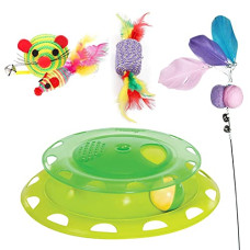 Deals, Discounts & Offers on Toys & Games - emily pets Cat Toy, 3 Level Tower Ball & Track Roller Combo with Cat Sticks, Cat Feather Toy Feather Mouse Toy and Mouse Toy Interactive Cat Toy,(Pack of 4,Color May Vary)