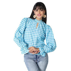 Deals, Discounts & Offers on Laptops - GRECIILOOKS Top For Women - Chex Pattern Stand Collar Keyhole Cotton Top & Long Puff Sleeve Suitable