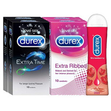 Deals, Discounts & Offers on Sexual Welness - Durex Pleasure Packs (Condoms - 10 Count (Pack of 2, Extra Time), Condoms - 10 Count (Pack of 2, Extra Ribbed), Pleasure Gel - 50 ml (Strawberry))
