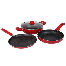 Deals, Discounts & Offers on Cookware - Prestige Omega Deluxe Granite Induction Base 3 Pc Cookware Set (Omni Tawa 25 cm, Fry Pan 24 cm, Kadai with Glass Lid 24 cm), Crimson Red