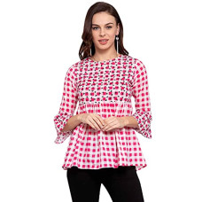 Deals, Discounts & Offers on Laptops - Style Quotient Womens Pink Checked Bell Sleeves Peplum Top