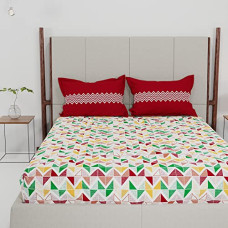 Deals, Discounts & Offers on  - Trident Feather Tales Bed Sheet Set with 2 Pillow Covers, 144 Thread Count, Queen Size, 100% Cotton - Trippy Triangles Red