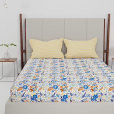 Deals, Discounts & Offers on  - Trident Feather Tales Bed Sheet Set with 2 Pillow Covers, 144 Thread Count, Queen Size, 100% Cotton - Gardenia Blooms Blue