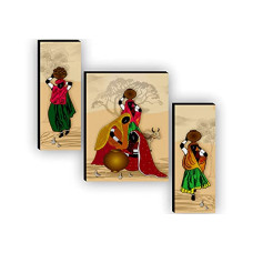 Deals, Discounts & Offers on  - SAF Set of 3 Rajasthani Village Ladies Modren Art UV Textured Paintings