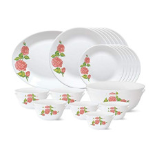 Deals, Discounts & Offers on  - Larah by Borosil - Tiara Series, Rose Gold, 27 Pcs, Opalware Dinner Set, White