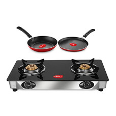 Deals, Discounts & Offers on Cookware - Pigeon by Stovekraft 2 Burner Glass Cook Top Gas Stove (Manual Ignition), Tawa with Stainless Steel Body and Nonstick Fry Pan Cookware Combo (Black, 240mm, 250mm, 14722)