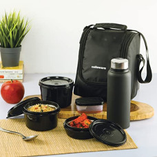 Deals, Discounts & Offers on  - Cello Max Fresh All in One Lunch Box Set of 5 with Fabric Bag | 3 Plastic Containers with Steel Inner, 1 Pickle Box and 1 Steel Bottle | Microwave Safe | Full Meal and Easy to Carry, Black, Large