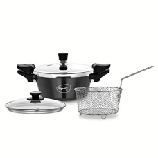 Deals, Discounts & Offers on Cookware - Pigeon Hard Anodised All in One Super Cooker Pro 3 litre with Pressure Cooker Outer Lid, Glass lid and Deep Frying Basket (14941) - Black
