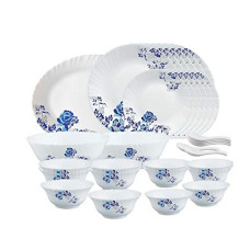 Deals, Discounts & Offers on  - Larah By Borosil Blue Cascade Opalware Dinner Set, 33-Pieces, White