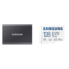 Deals, Discounts & Offers on  - Samsung T7 1TB Up to 1,050MB/s USB 3.2 Gen 2 (10Gbps, Type-C) External Solid State & EVO Plus 128GB microSDXC UHS-I U3 130MB/s Full HD & 4K UHD Memory Card with Adapter (MB-MC128KA), Blue