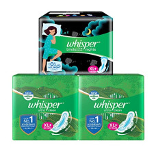 Deals, Discounts & Offers on Health & Personal Care - Whisper Day & Night Sanitary Pads|Pack of 144 thin Pads|100 Day + 44 Night pads|Complete period protection|50 Ultra Clean XL+ Pads with 44 Bindazzz Night XL+ Pads|Dry topsheet|With disposable wrap
