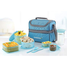 Deals, Discounts & Offers on  - Varmora Classic Lunch Box (Tiffine) 5 Container,Sparkle Buddy 350ml, 1 Nos Spoon & Fork(Cyan Blue)