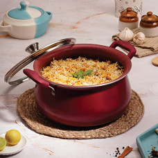 Deals, Discounts & Offers on Cookware - Cello Crown Induction Base Biryani Pot Glass lid 5 LTR,Maroon