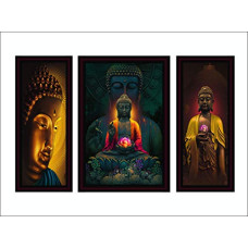 Deals, Discounts & Offers on  - SAF Set of 3 Buddha UV Coated with Unbreakable Glass Framed Painting 22.5 Inch X 13.5 Inch SANFS30002A