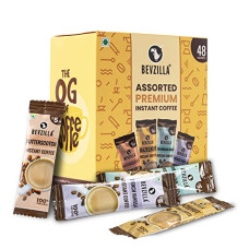 Deals, Discounts & Offers on  - Bevzilla 48 Instant Coffee Powder Sachets (48 X2 Gram Sachets)| Turkish Hazelnut, Colombian Gold, French Vanilla & English Butterscotch | 12 Sachets Each Flavour| Hot & Cold Coffee| Makes 48 Cups| 100 % Arabica Coffee| Strong Coffee| Best Coffee| Espresso