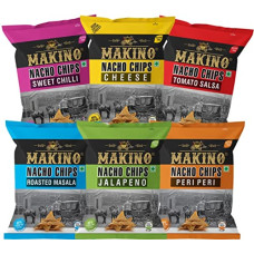 Deals, Discounts & Offers on  - Makino - Nacho Chips Roasted Masala, Peri Peri, Cheese, Jalapeno, Sweet Chilli, Salsa Flavour of 60 Gram Pack of 6