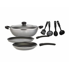 Deals, Discounts & Offers on Cookware - GREENCHEF 8 in 1 Nonstick Cookware Set of 8 PCS Aluminium Induction Base Gift Set, Includes Tawa 250 mm IB,Fry Pan 240 mm IB, Kadai 240 mm IB with Glass Lid and 4 pcs Kitchen Tool Set
