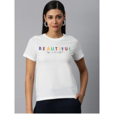 Deals, Discounts & Offers on  - PROVOGUEWomen Graphic Print Round Neck White T-Shirt