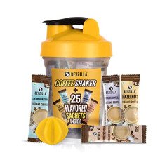 Deals, Discounts & Offers on  - Bevzilla Instant Coffee Sachets & Bottle Pack With 25 Flavoured Coffee Sachets (2 Grams Each) And BPA Free Shaker 500 Ml For Office, School, Gym, College, Makes Cold Coffee, Frappe, Cafe Shakes At Home | English Butterscotch, Colombian Gold, French Vanill