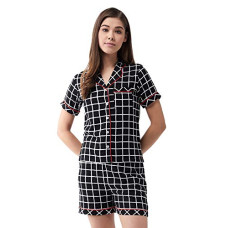 Deals, Discounts & Offers on Women - [Size: L] Miss Chase Women's Black Collared Short Sleeves Printed Regular Top & Shorts Set with 2 Side Pockets