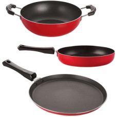 Deals, Discounts & Offers on Cookware - NIRLON Non-Stick Aluminium Mini Cookware Set (Tawa, Fry Pan, Kadhai), Red Non-Stick Coated Cookware Set(PTFE (Non-stick), Aluminium, 3 - Piece)
