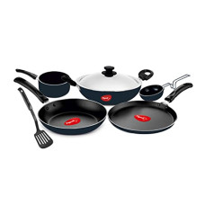 Deals, Discounts & Offers on Cookware - Pigeon Favourite 7 Piece Gift Set Non-Stick Coated Comes with Fry Pan, Kadhai, Lid, Sauce Pan, Spatula, Tadka Pan and a Tawa - Gas Stove Compatible (Blue)