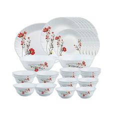 Deals, Discounts & Offers on  - Larah by Borosil Chrys Red Opalware Dinner Set, 33-Pieces, White