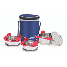Deals, Discounts & Offers on  - SignoraWare 500ml+350ml+350ml All Steel Executive Big Lunch Box with Bag, Food Grade BPA Free, Leak Proof and Air Tight Stainless Steel Containers, Compact and Sleek Tiffin Box (Set of 3 Red)