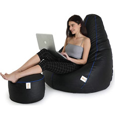 Deals, Discounts & Offers on Furniture - SATTVA Faux Leather XXXL Classic Filled Bean Bag with Footrest Combo (with Beans) (Black with Royal Blue Piping)