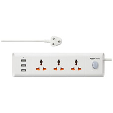 Deals, Discounts & Offers on Electronics - Amazon Basics Long Extension Board with 3 AC Sockets + 3 USB Charging Ports, 2 Meter Cable Length, Power Multiple Devices Simultaneously