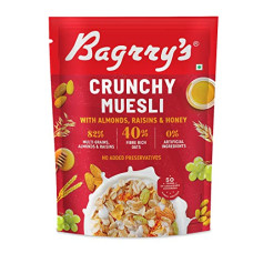 Deals, Discounts & Offers on  - Bagrry's Crunchy Muesli | 40% Fibre Rich Oats with Bran | 82% Multi Grains, Almonds, Raisins & Honey | Breakfast Cereal | Natural Muesli , 400g /425g Pouch (Weight May Vary)