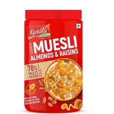 Deals, Discounts & Offers on  - Kwality Muesli Crunchy Almond, Raisins and Honey, Goodness of Multigrain, High in Fibre Source of Vitamin, Iron and Protein 1Kg Jar [Pack of 1]