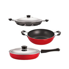 Deals, Discounts & Offers on Cookware - NIRLON Classic Range Non-Stick Cookware Silver Gift Set 3pcs - (Fry Pan, Kadai & Appam Patram) Red/Black