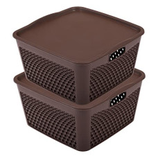 Deals, Discounts & Offers on  - Kuber Industries Netted Design Unbreakable Multipurpose Square Shape Plastic Storage Baskets with lid Large Pack of 2 (Brown)