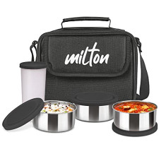 Deals, Discounts & Offers on  - MILTON New Steel Combi Lunch Box, 3 Containers and 1 Tumbler with Jacket, Set of 4, Black | Food Grade | Light Weight | Dishwasher Safe | Easy to Carry | Leak Proof