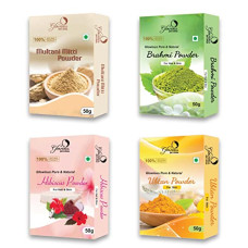 Deals, Discounts & Offers on  - glowious Combo Pack of 4 (Multani Mitti, Hibiscus, Ubtan & Brahmi Powder) 200gms (50gX4)