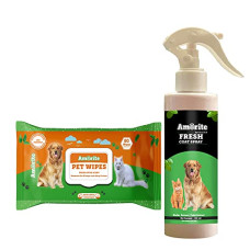 Deals, Discounts & Offers on  - Amorite Antiseptic Pet Coat Spray Ticks and Fleas Pet Coat Spray with Pet Wipes | Treatment and Repellent pet Deodorizer Coat Spray with Pet Wipes