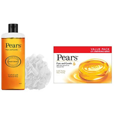 Deals, Discounts & Offers on  - Pears Moisturising Bathing Bar Soap with Glycerine Pure & Gentle For Golden Glow 125g (Pack of 3) & Pears Bodywash Moisturising 98% Pure Glycerine 250 ml (Free Loofah)