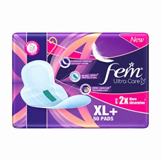 Deals, Discounts & Offers on Health & Personal Care - Fem Ultra Care Sanitary Pads For Women - XL+(Pack of 50) with wings| 2X higher absorption technology | Zero leakage up to 12 hours | Dermatologically tested |99.99% germ protection