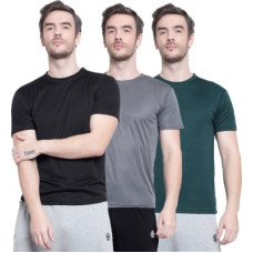 Deals, Discounts & Offers on  - GarminPack of 3 Men Solid Round Neck Black, Dark Green, Grey T-Shirt