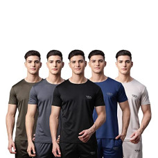 Deals, Discounts & Offers on Men - VIMAL JONNEY Men Regular Fit Cotton Blended Round Neck Tshirts(Multicolor_Pack of 5)-Dryfit_T_BLK_BLU_Gry_L.Gry_OLV_05