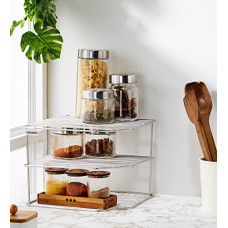 Deals, Discounts & Offers on  - Amazon Brand - Solimo Three-Tier Corner Storage Rack, Stainless Steel, (25 cm x 25 cm x 19 cm)