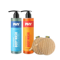 Deals, Discounts & Offers on  - Phy Aqua + Earthy Sulphate-Free Body Wash Set with lasting fragrance - Non-Drying Cleansing Formulation, No Sulphates, Parabens & Silicones | Free Set of 2 Scrub On Loofahs